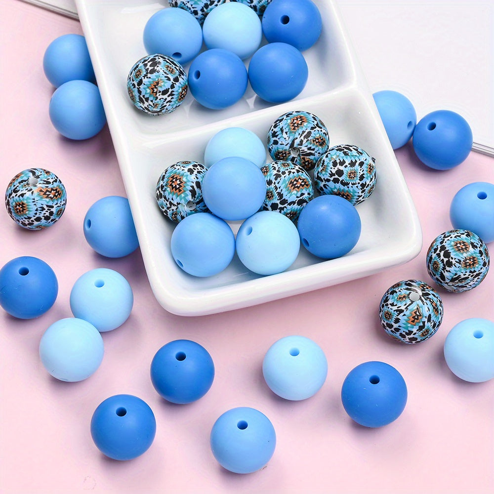 40pcs/set 15mm Colorful Round Silicone Flower Doodle Printed Beads
