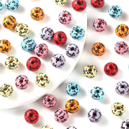 16 mm Colorful Butterfly Print Wooden Beads