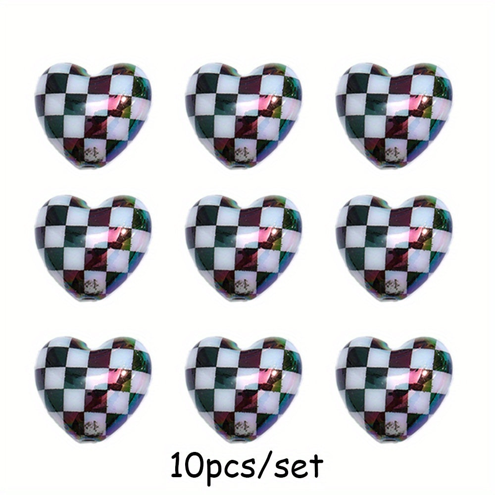 10pcs/set Multicolor Shiny Acrylic Checkerboard Heart Beads
