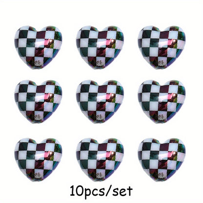 10pcs/set Multicolor Shiny Acrylic Checkerboard Heart Beads