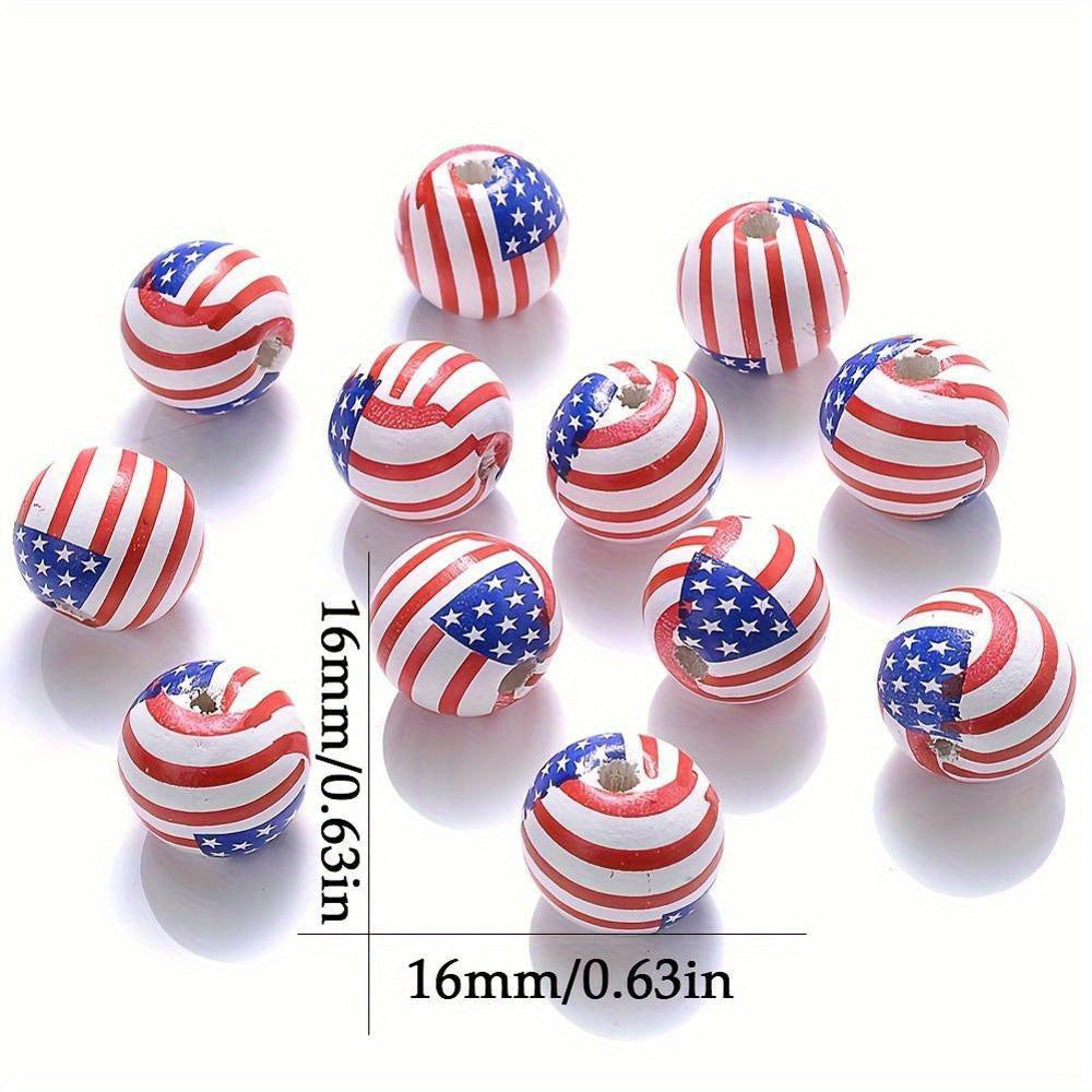 10PCS 16mm American Flag Round Wooden Bead Set