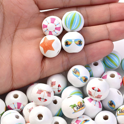 10PCS 16mm Beach-Themed Printed Wooden Bead Set