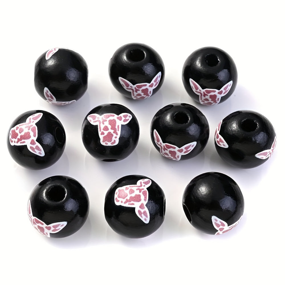 10PCS 16mm Black Bullhead Pattern Wooden Bead Set