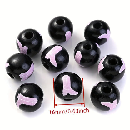 10PCS 16mm Black Bullhead Pattern Wooden Bead Set