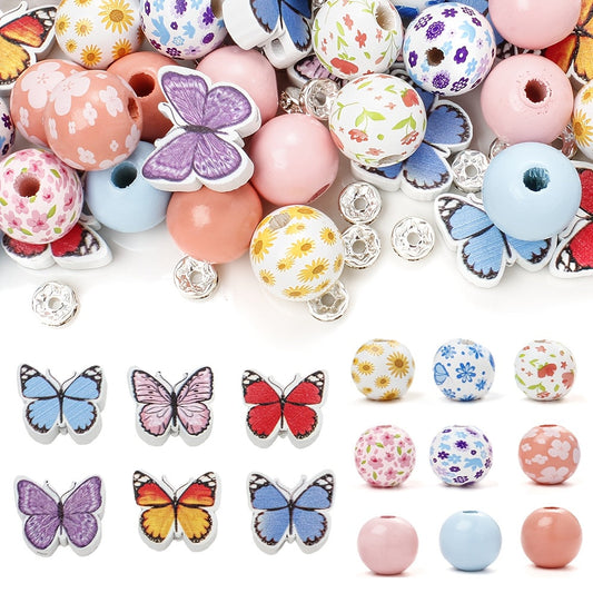 Butterfly Printed Wood Beads & Bead Pen Set