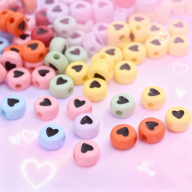 100pcs Colorful Flat Round Heart Acrylic Beads
