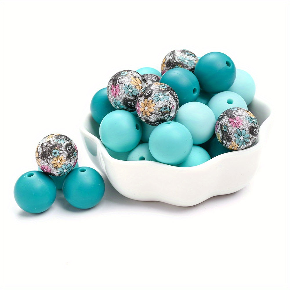 40pcs/set 15mm Colorful Round Silicone Flower Doodle Printed Beads