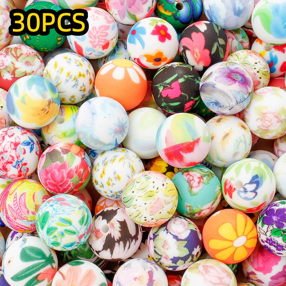 30/50pcs 15mm Floral Pattern Silicone Beads