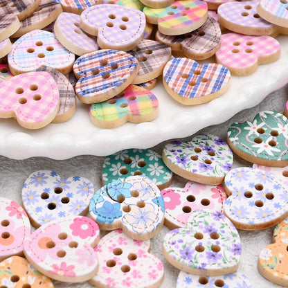 Heart Shape Wooden Printed Buttons
