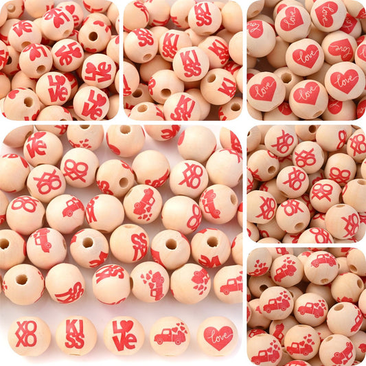 10pcs 16mm Valentine's Day Love Printed Wooden Beads