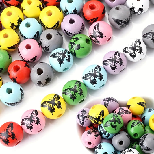 10PCS 15mm Multicolor Butterfly Pattern Wooden Bead Set