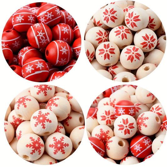 10PCS 15mm Red Snowflake Pattern Wooden Bead Set