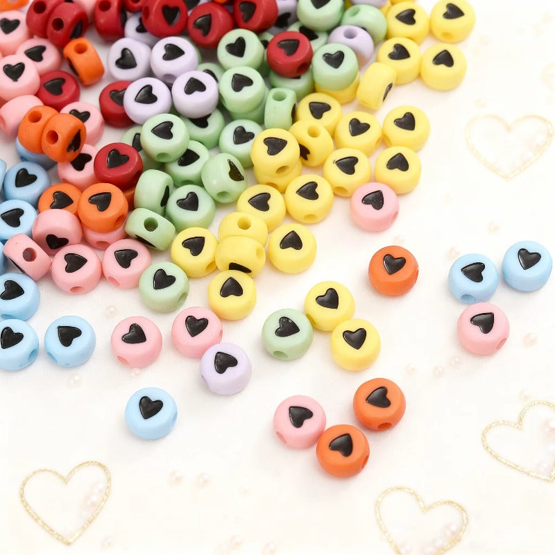 100pcs Colorful Flat Round Heart Acrylic Beads