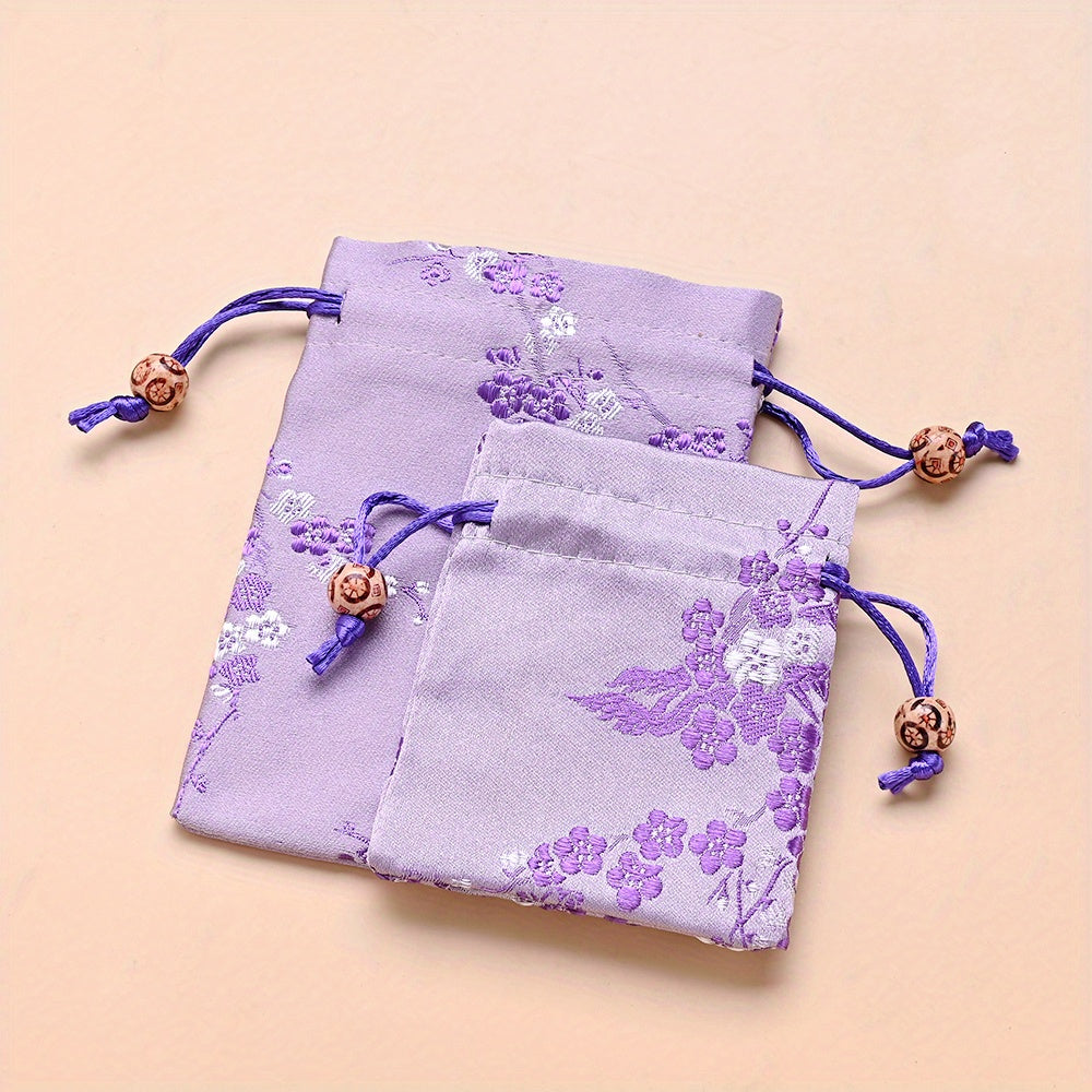 2-Piece Floral Embroidered Satin Drawstring Gift Bag Set
