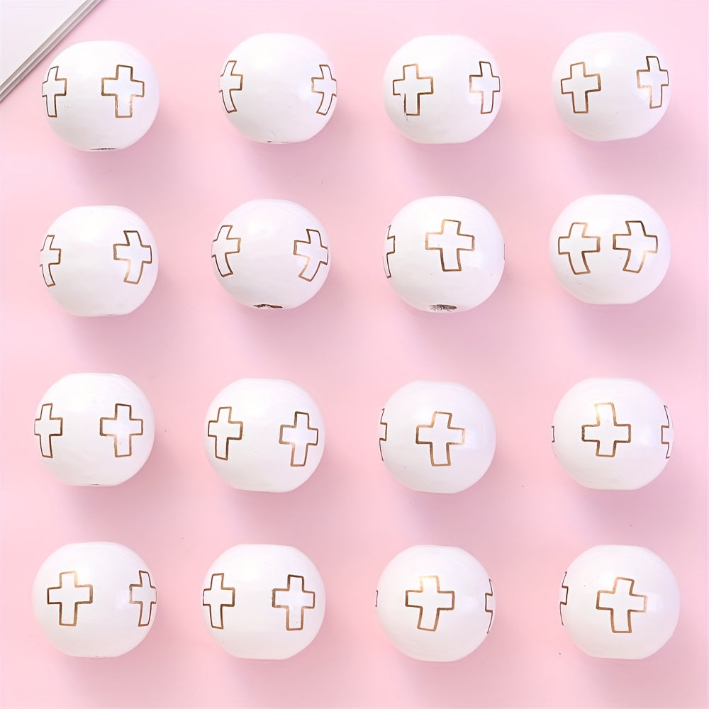10pcs 16mm White Wooden Cross Pattern Beads