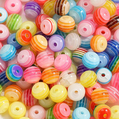 50pcs Rainbow Stripe Pattern Acrylic Round Beads