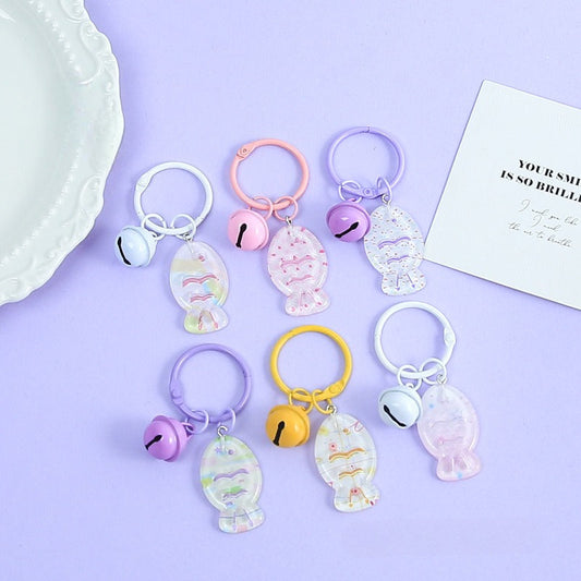 20PCS Pastel Transparent Fish Keychain Pendants with Bells