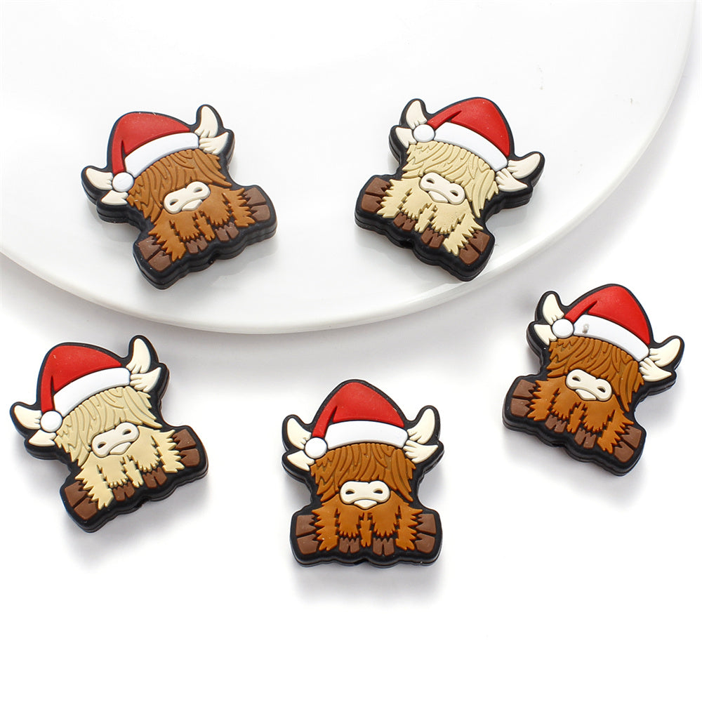 4pcs 25x30mm Christmas Silicone Highland Cow Patch Beads