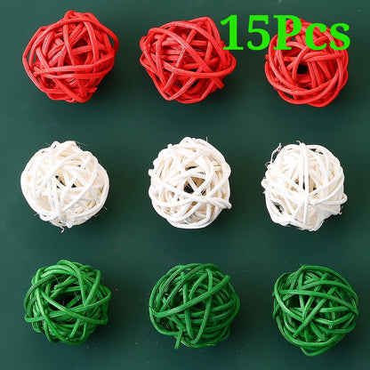 15PCS 3/4cm Red Green White Christmas Wicker Rattan Ball Set