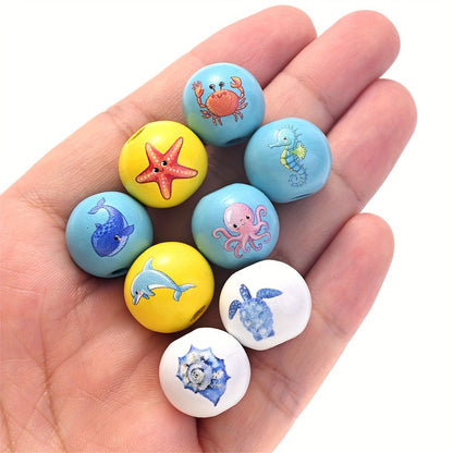 10PCS 16mm Colorful Marine Animal Wooden Bead Set