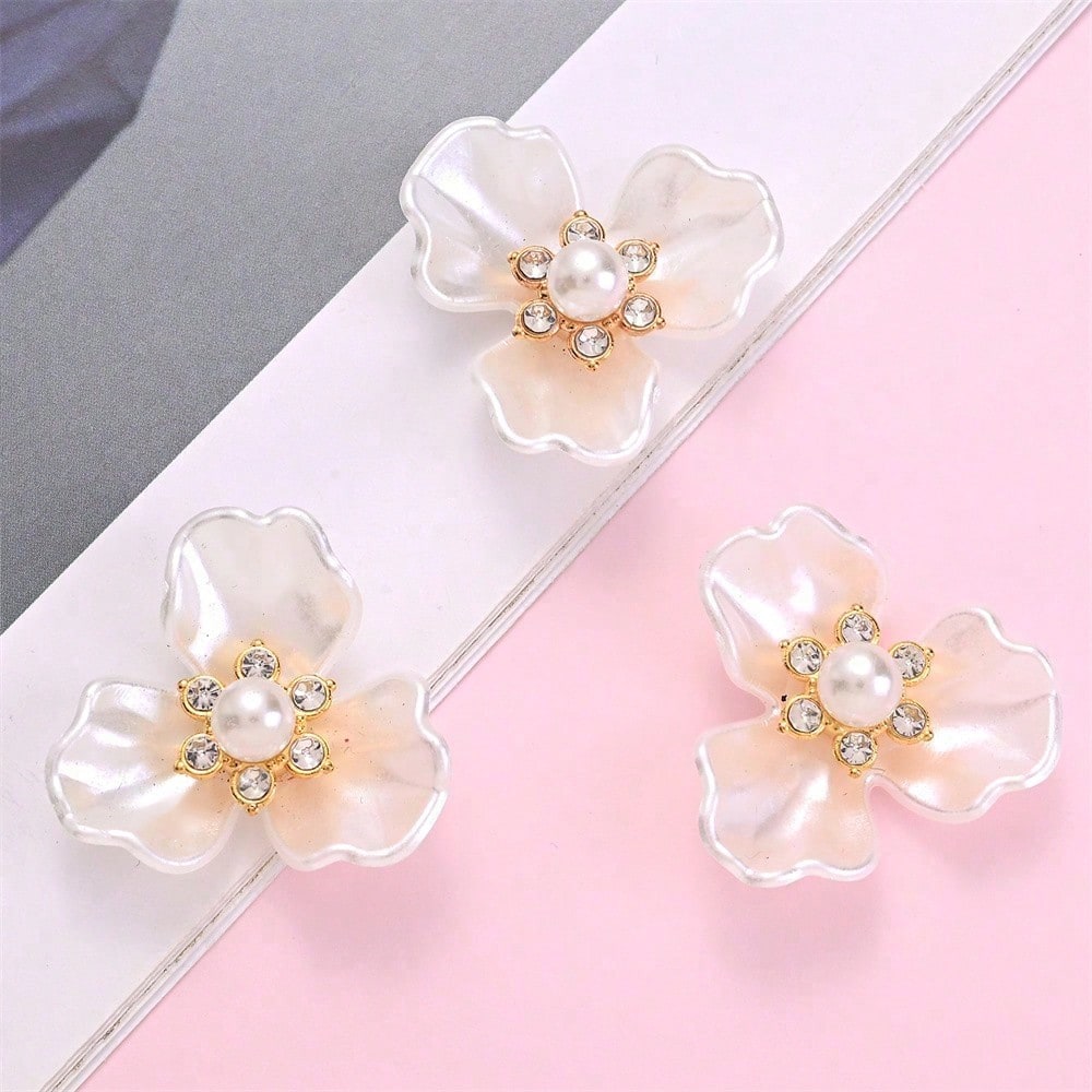 White Three Petal Flower Rhinestone Decals
