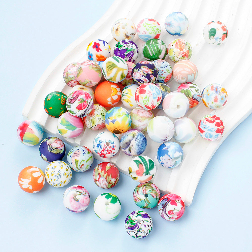 30/50pcs 15mm Floral Animal Print Silicone Beads