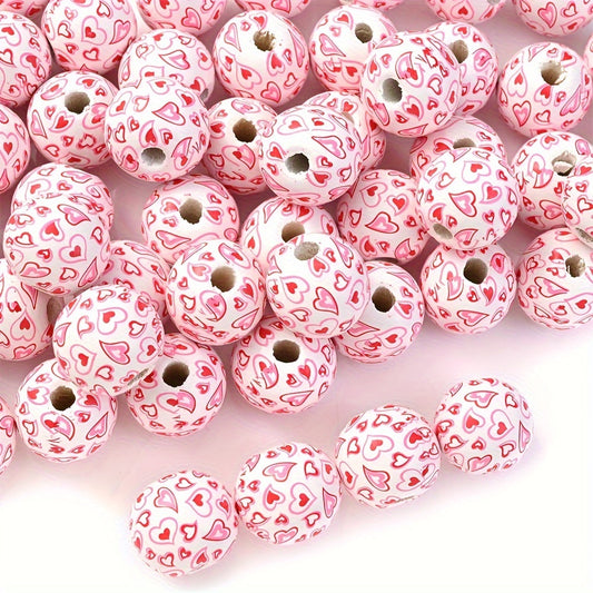 5pcs 16mm Pink Love Heart Pattern Wooden Beads