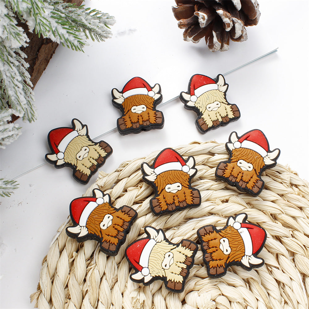 4pcs 25x30mm Christmas Silicone Highland Cow Patch Beads