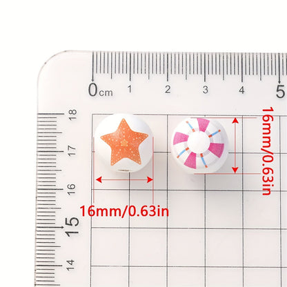 10PCS 16mm Beach-Themed Printed Wooden Bead Set