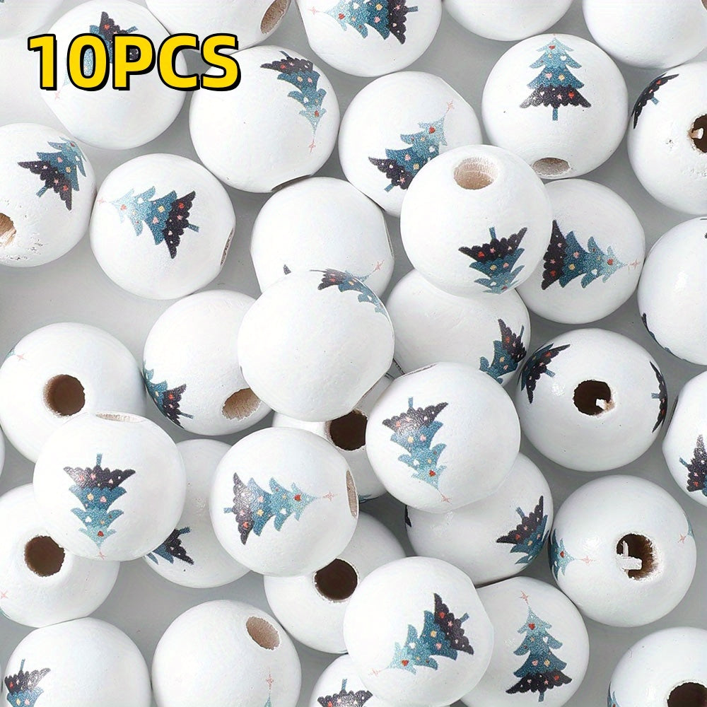 10pcs 16mm Christmas Tree Pattern Wooden Round Beads