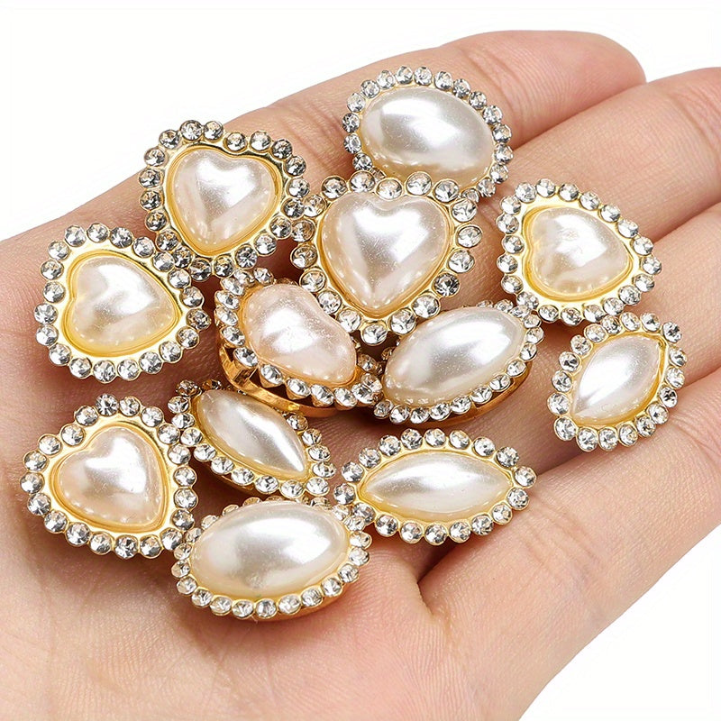 White Heart and Teardrop Rhinestone Pearl Cabochons