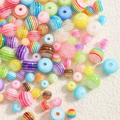 50pcs Rainbow Stripe Pattern Acrylic Round Beads