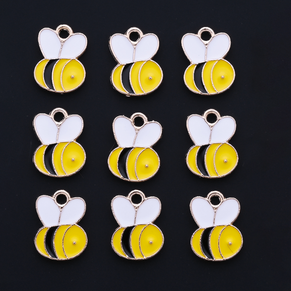 10PCS 9–16mm Yellow Enamel Honeybee Charm Set