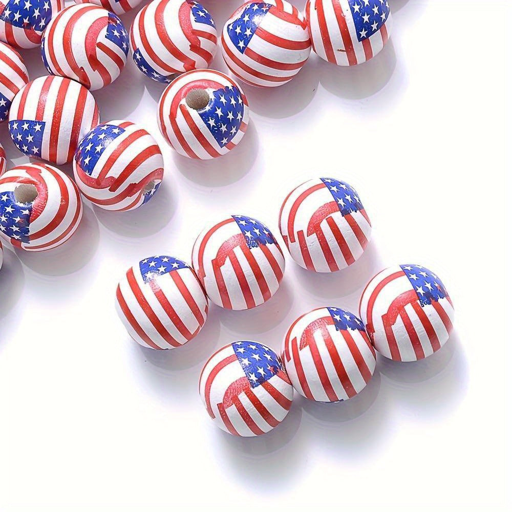 10PCS 16mm American Flag Round Wooden Bead Set
