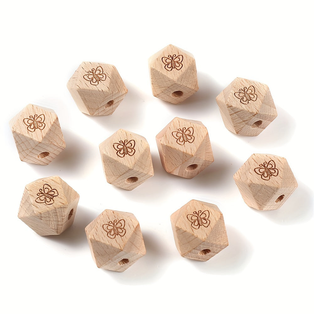 10pcs Butterfly Pattern Wooden Octagon Spacer Beads