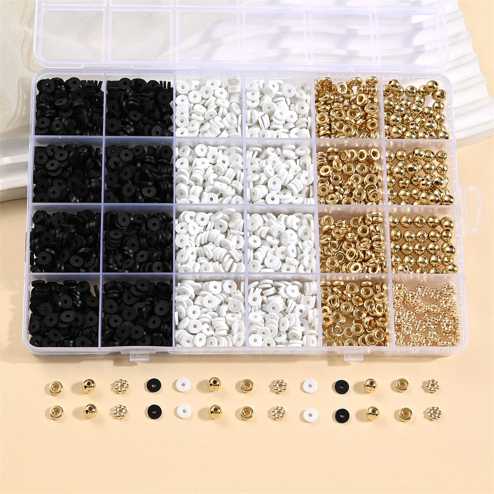 Black and White Clay Bead and Gold CCB Spacer Bead Set