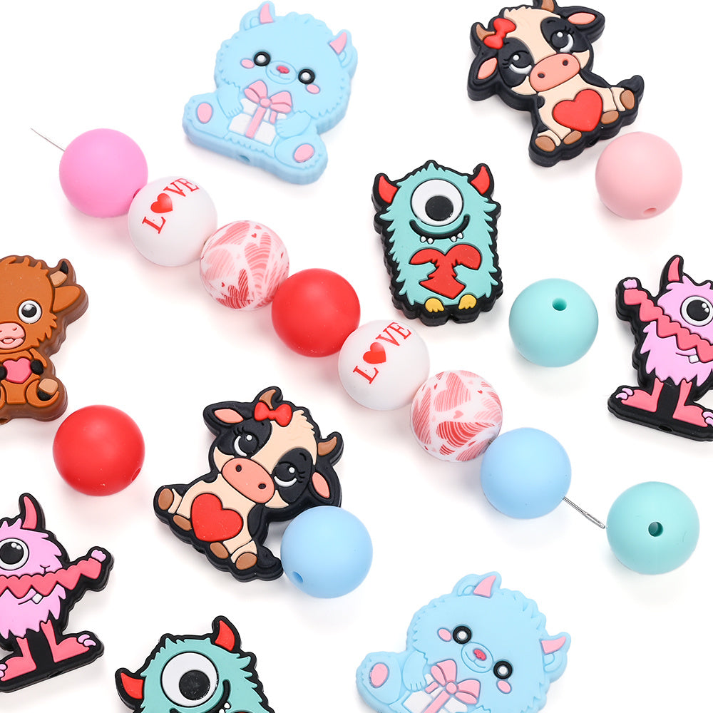 70pcs Love Cow Silicone Beads with Rope