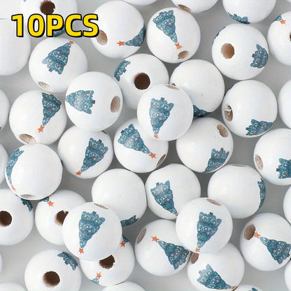 10pcs 16mm Christmas Tree Pattern Wooden Round Beads
