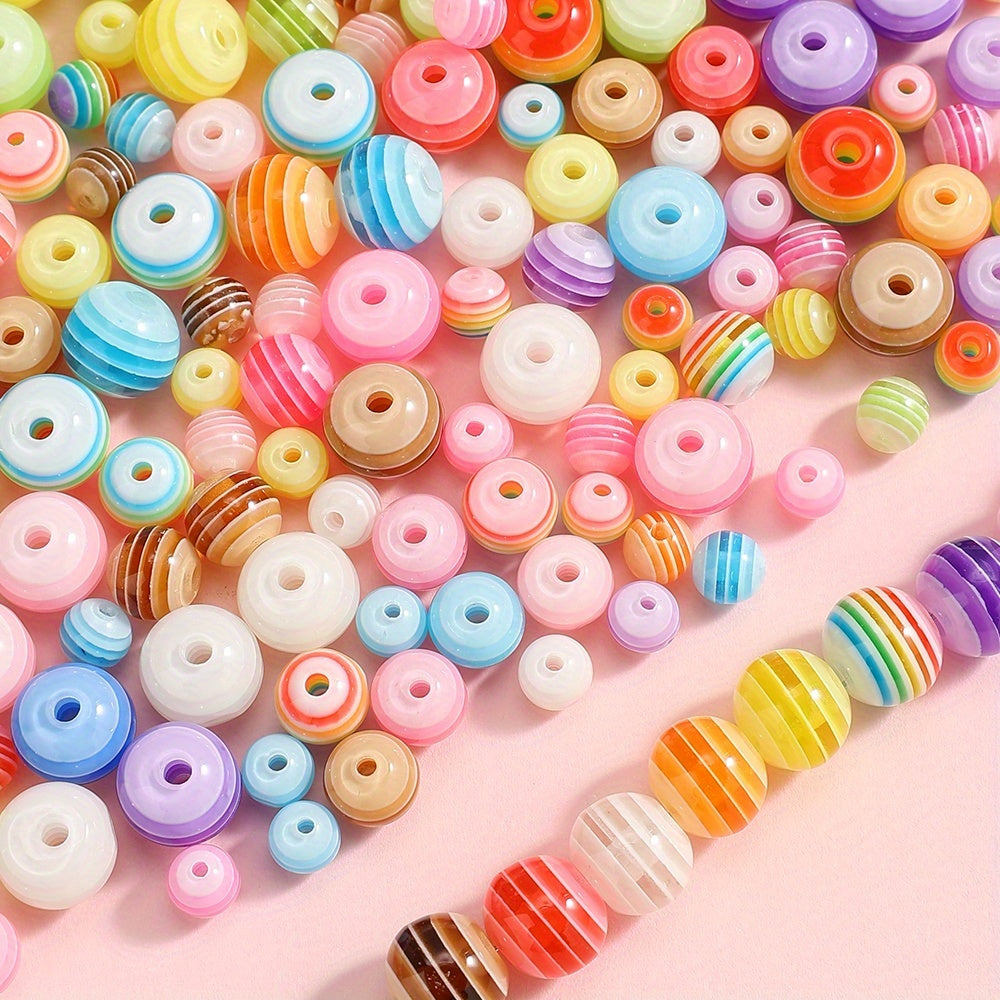 50pcs Rainbow Stripe Pattern Acrylic Round Beads
