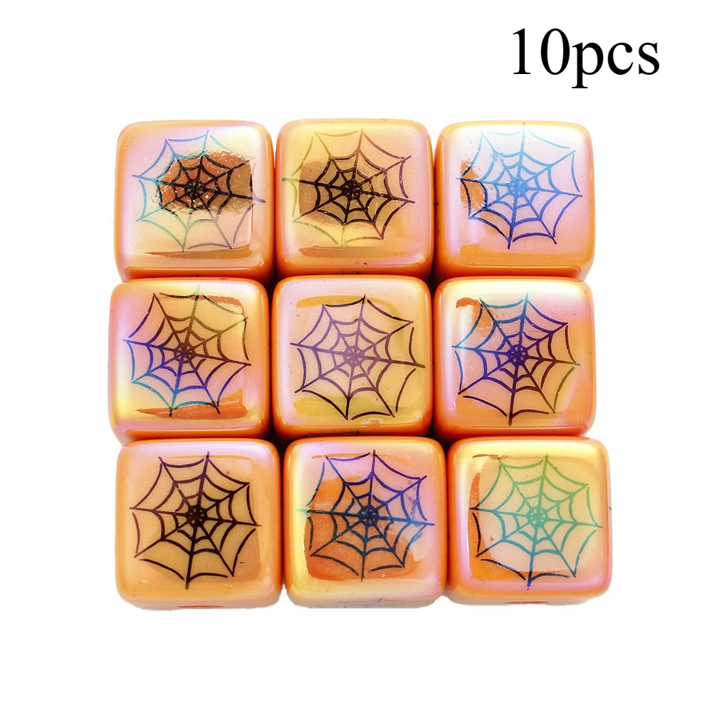 Orange Acrylic Cube Beads with Spider Web Print
