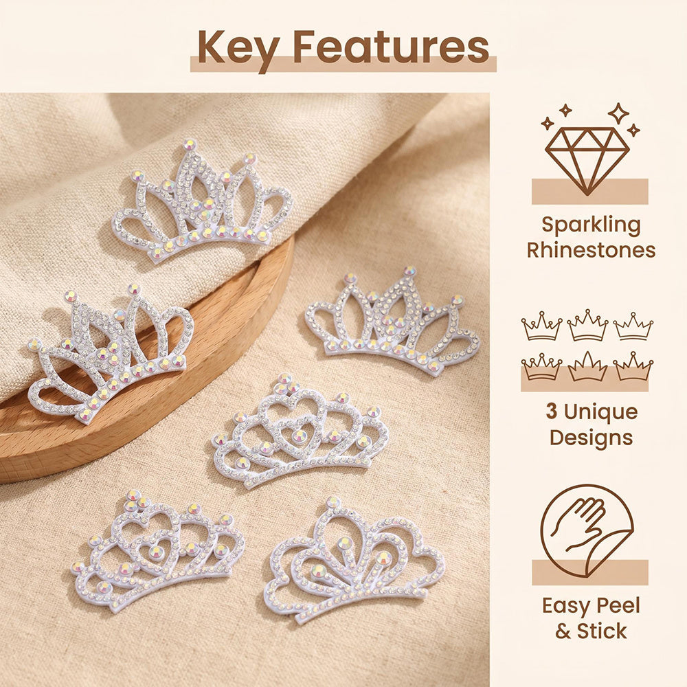15-Piece White Padded Crown Rhinestone Patches