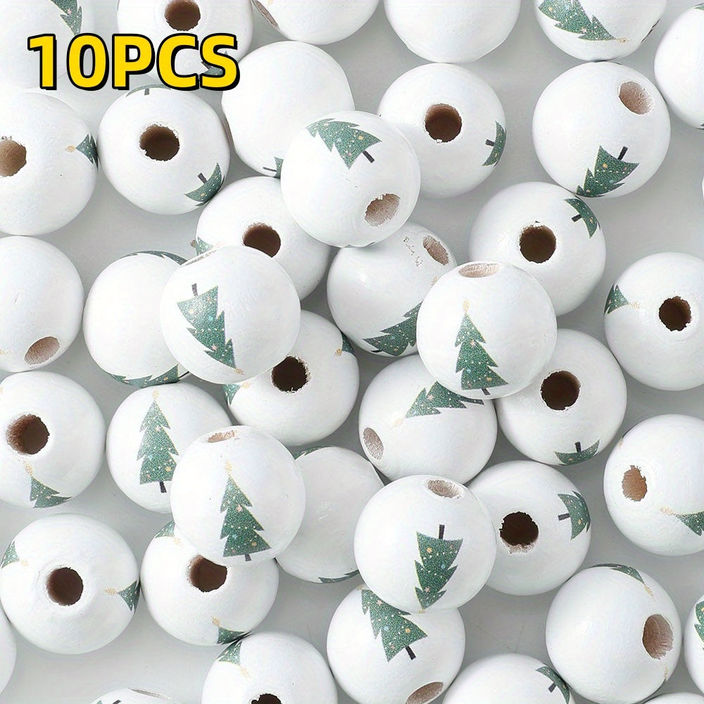 10pcs 16mm Christmas Tree Pattern Wooden Round Beads