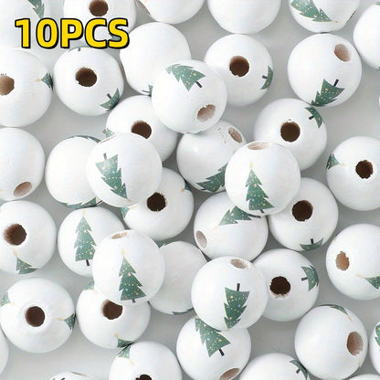 10pcs 16mm Christmas Tree Pattern Wooden Round Beads