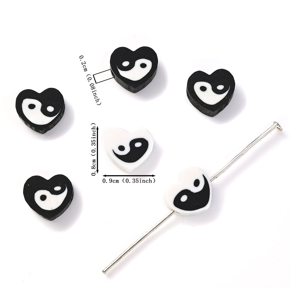 50pcs 8x9mm Black and White Heart Polymer Clay Beads