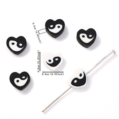 50pcs 8x9mm Black and White Heart Polymer Clay Beads