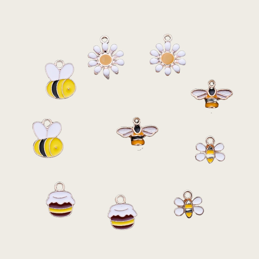 10PCS 9–16mm Yellow Enamel Honeybee Charm Set