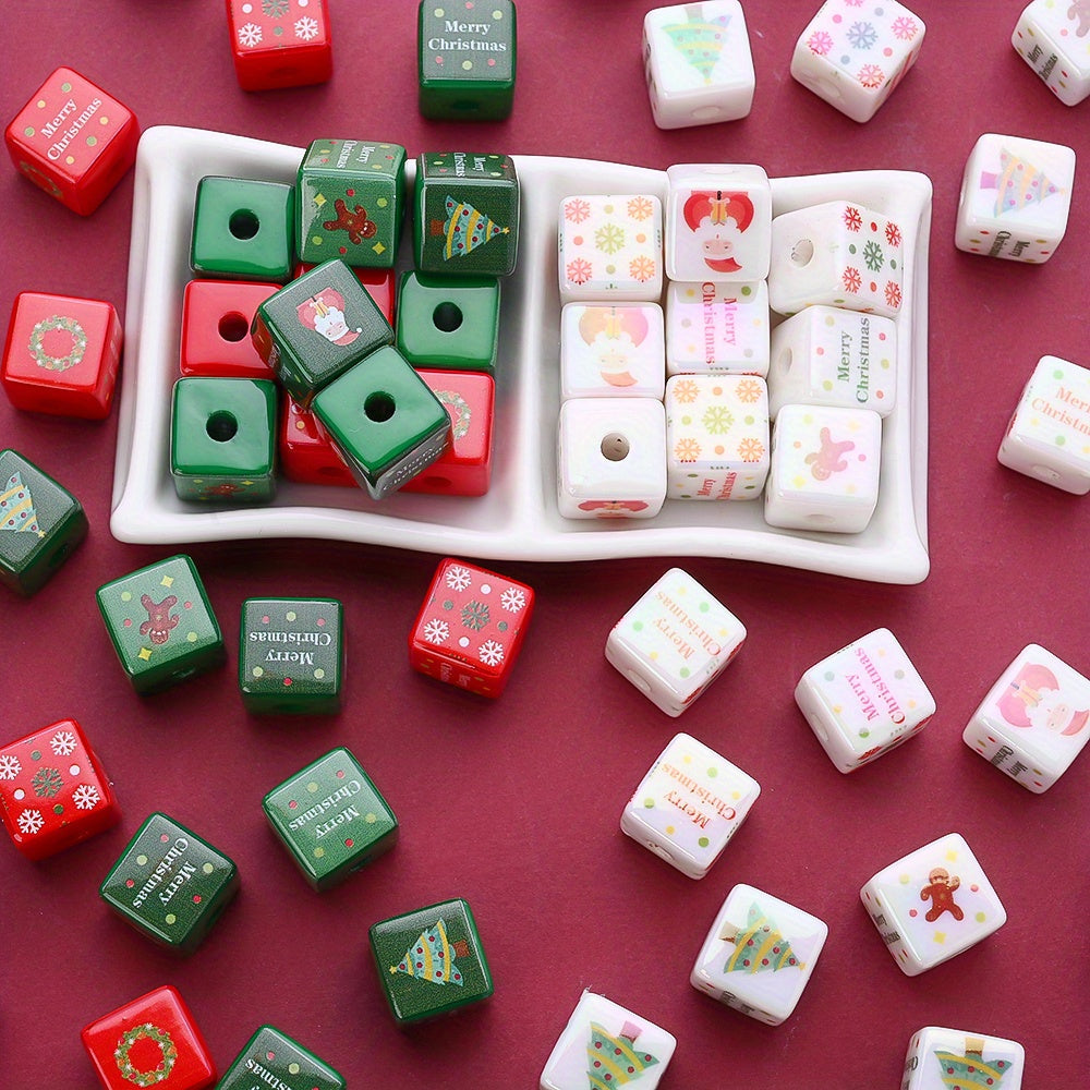 10PCS 14mm Multicolor Christmas Printed Square Acrylic Bead Set