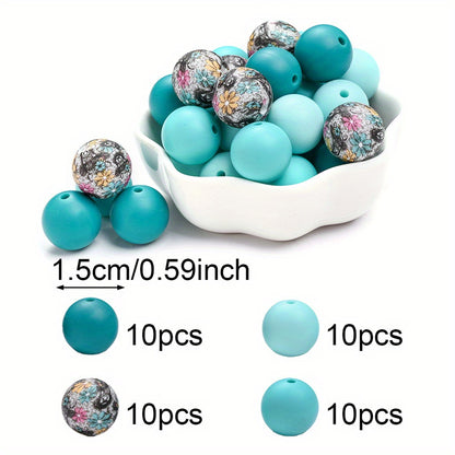 40pcs/set 15mm Colorful Round Silicone Flower Doodle Printed Beads