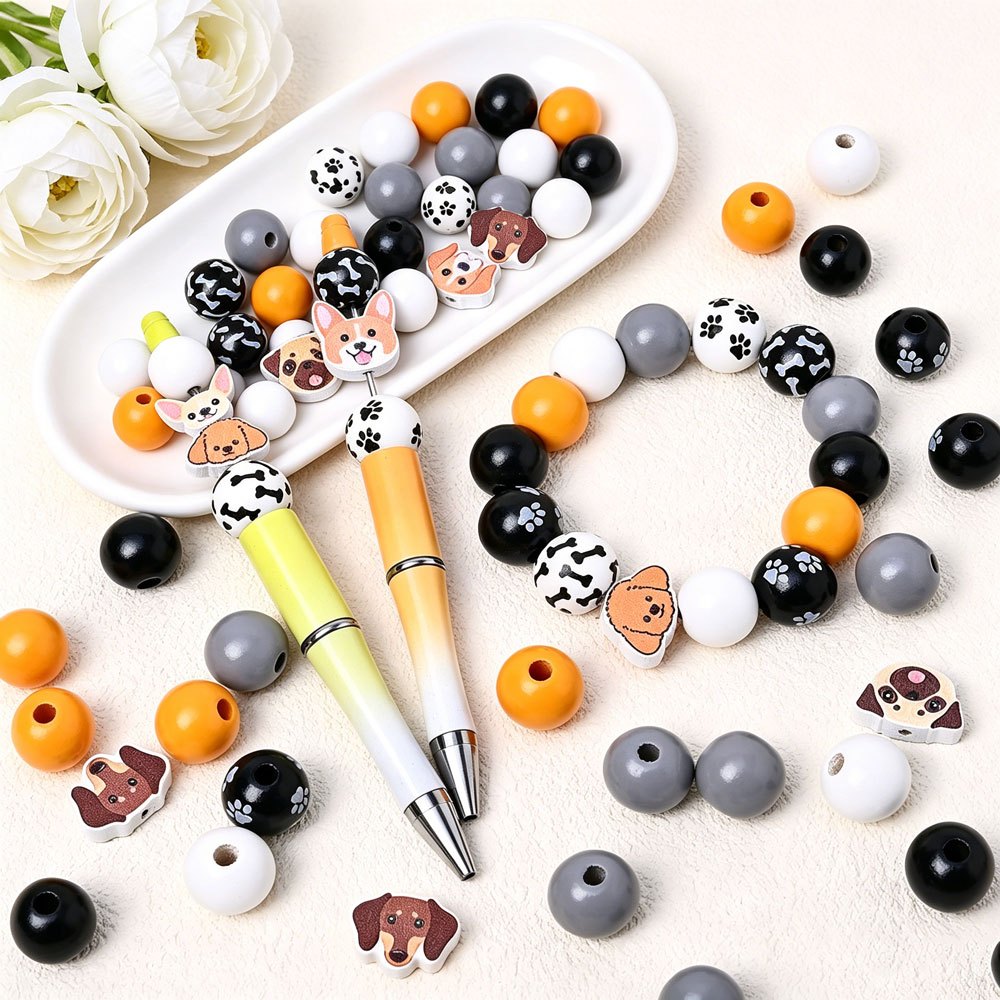 Dog-Themed Wooden Beads
