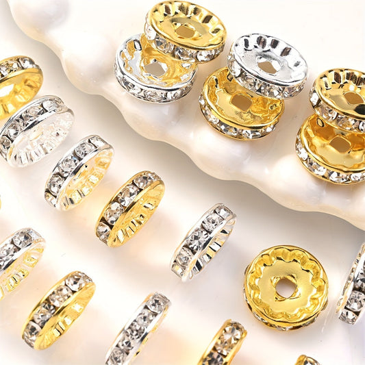 20PCS 4×12mm Rhinestone Round Gold & Silver Spacer Bead Set